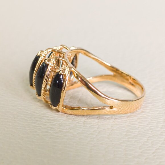 14K Gold 5-Stone Black Coral Ring – Marquise Cabochons, Size 5¼ - Picture 6 of 16